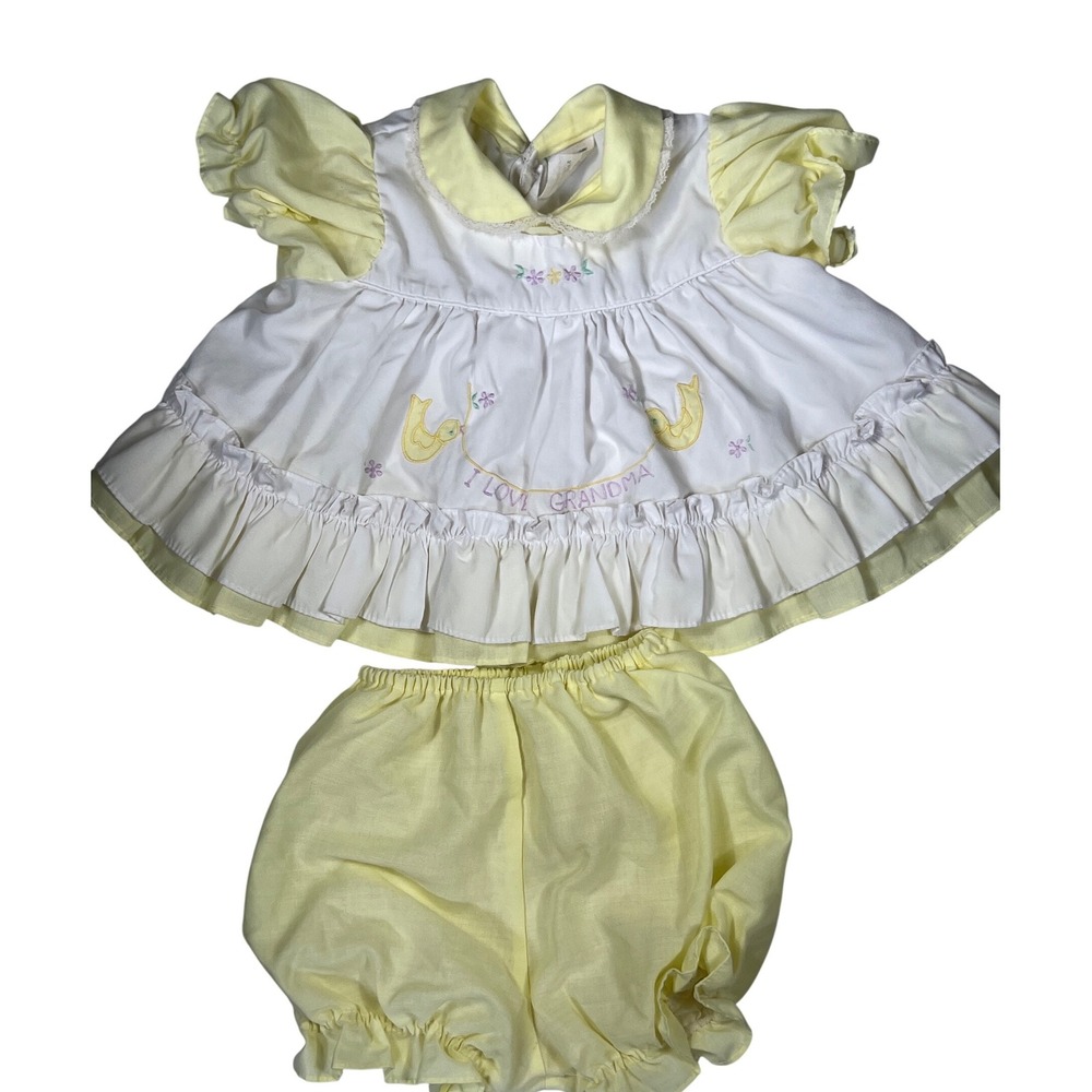 Vintage I Love Grandma Baby Girl Outfit Yellow White Embroidered 12 Months 2pc